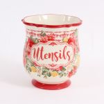 Wooden Spoon Holder - Floral with Red Rim